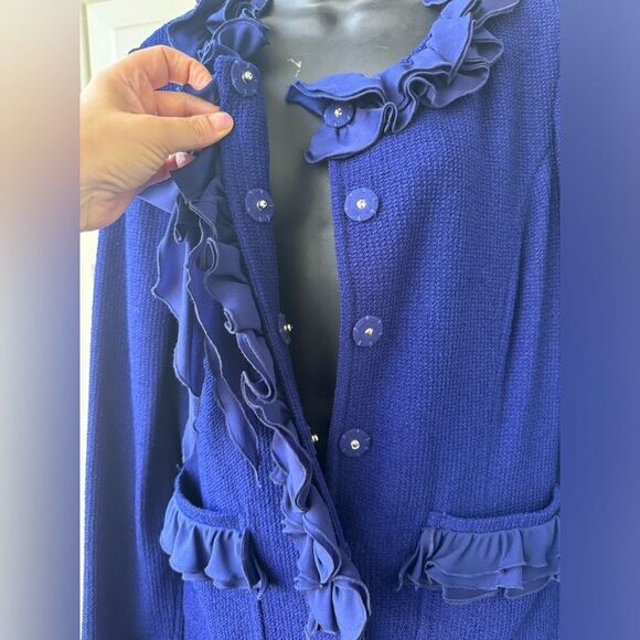 St.John 2-piece Suite Sapphire Blue Wool Blend Knit Duster,Silk Ruffle and Pants - Picture 8 of 16